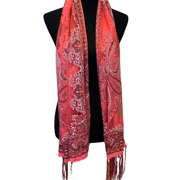 New Pink Floral Paisley Silver Glitter Fringed Sheer Lightweight Fashion Scarf - Picture 2 of 3